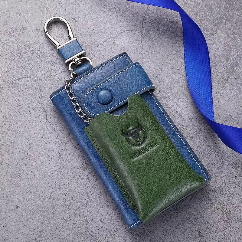 (image for) BULLCAPTAIN Genuine Leather Mens Keycase Portable Car Keychain Storage Key Holder Fashion Color Block Design Housekeeper Stand Stylish Compact Key Bag