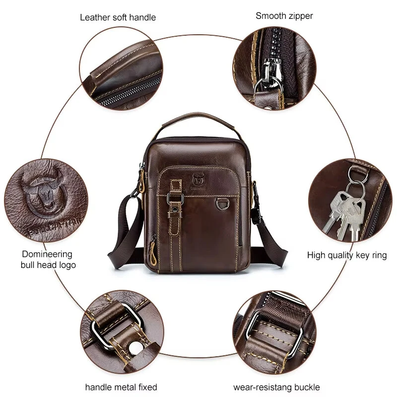 (image for) BULLCAPTAIN Genuine Leather Men's Shoulder Bag Small Handbag Fashion Crossbody Bag for Men Daily Casual Travel Messenger Bag for 7.9inch Ipad